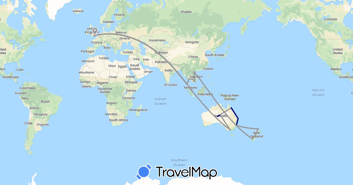 TravelMap itinerary: driving, plane in Australia, United Kingdom, Cambodia, Malaysia, New Zealand, Singapore, Thailand, Vietnam (Asia, Europe, Oceania)
